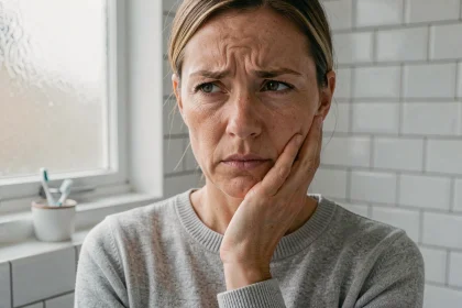 Femme appuyant sur un ganglion douloureux sous la mâchoire dans une salle de bain moderne