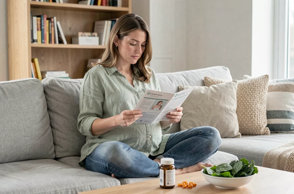 Femme enceinte lisant des informations sur l'acide folique entourée de légumes verts riches en folates sur un canapé