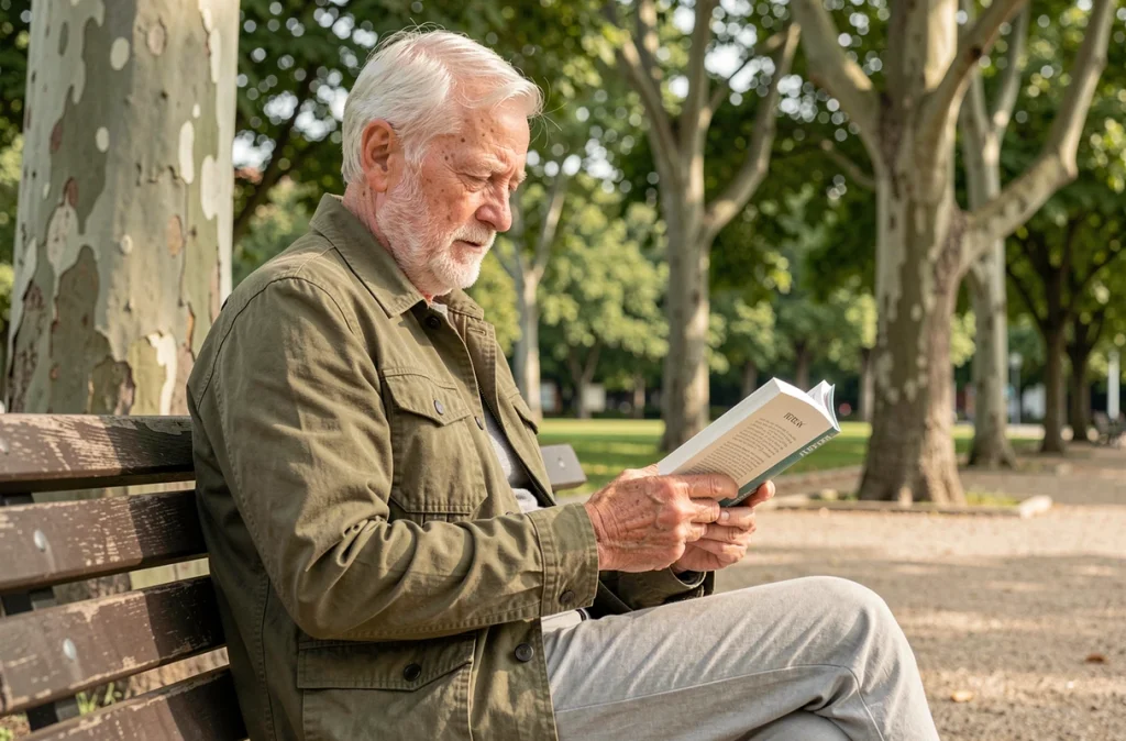 Homme âgé lisant un livre dans un parc en adoptant de bons gestes pour préserver sa vision