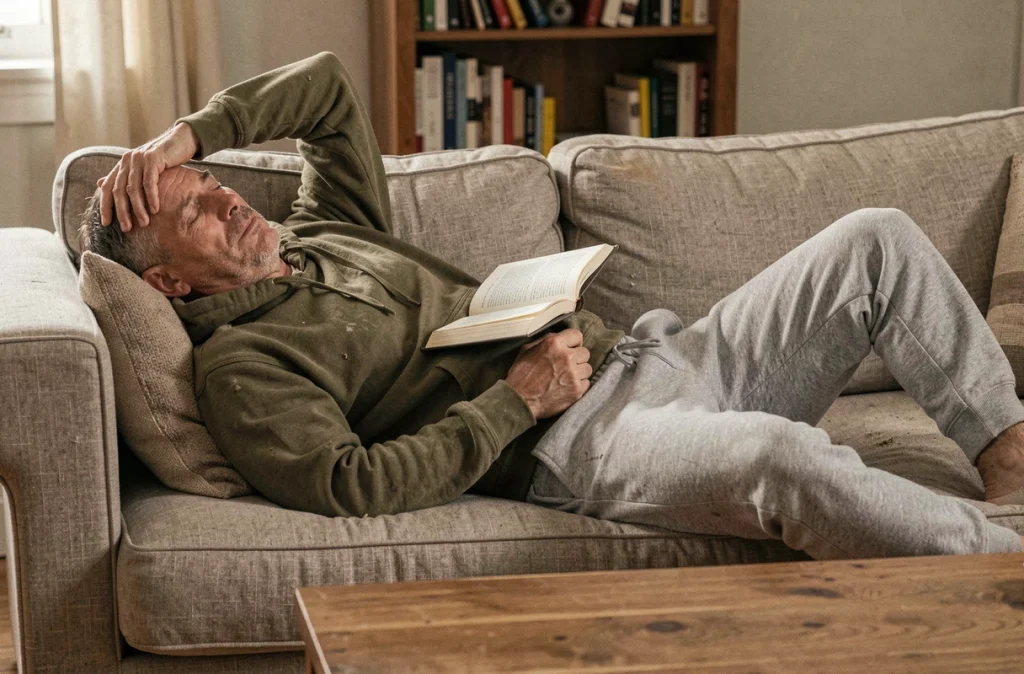 Homme épuisé allongé sur un canapé à la maison, représentant la fatigue liée au stress chronique et ses effets sur l'immunité