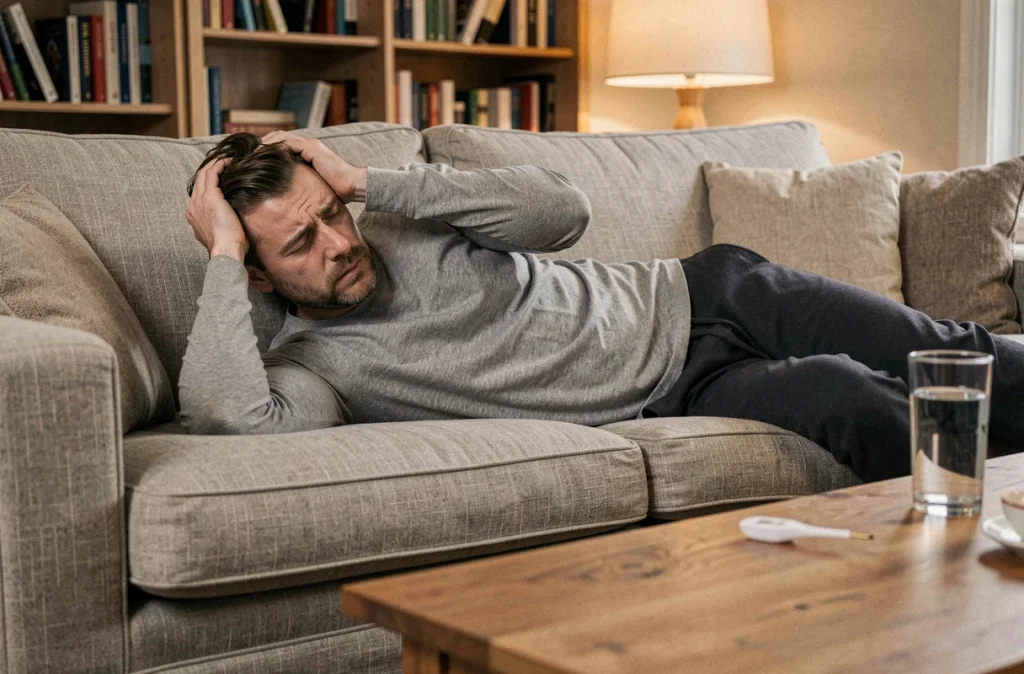 Homme fatigué allongé sur un canapé avec fièvre et malaise, symptômes précoces évocateurs de la maladie de Lyme