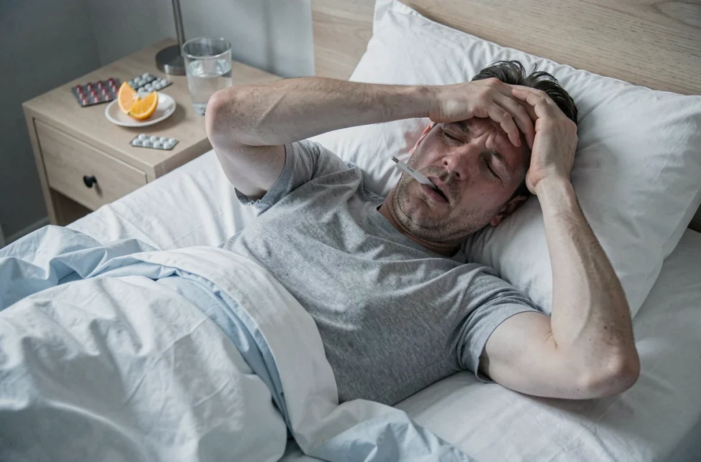 Homme alité avec thermomètre et médicaments, représentant les symptômes sévères de la grippe saisonnière