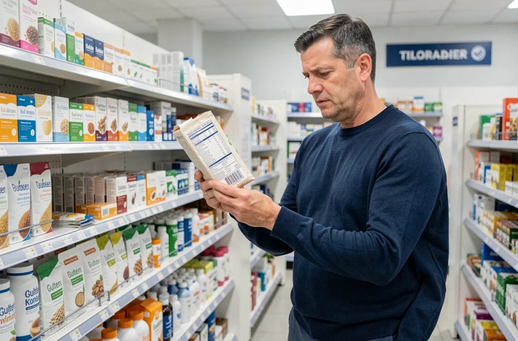 Homme adulte lisant l'étiquette d'un produit sans gluten en pharmacie, illustrant la gestion de l'intolérance au gluten