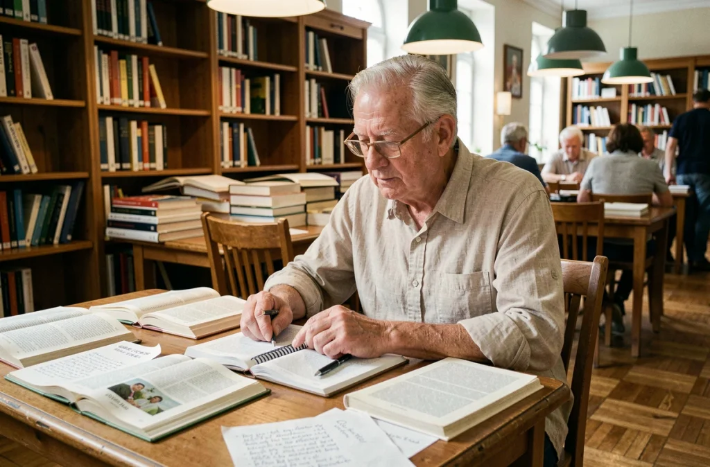Homme retraité étudiant une nouvelle langue dans une bibliothèque publique entouré de livres et de notes manuscrites, symbolisant l'entretien des capacités cognitives avec l'âge
