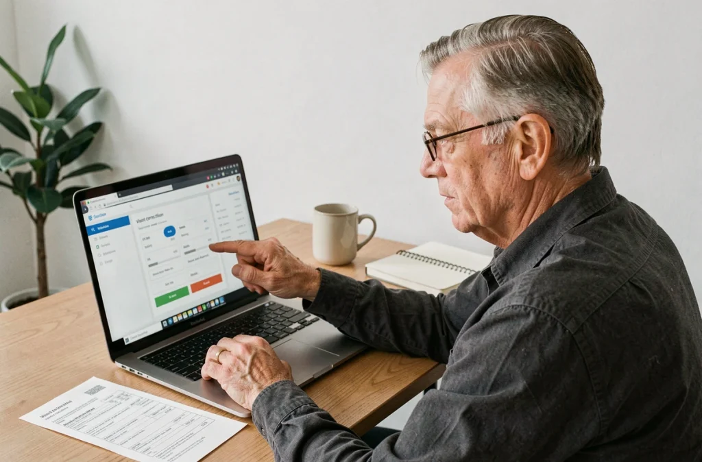 Homme senior consultant un calculateur de verres progressifs en ligne sur son ordinateur portable avec une ordonnance