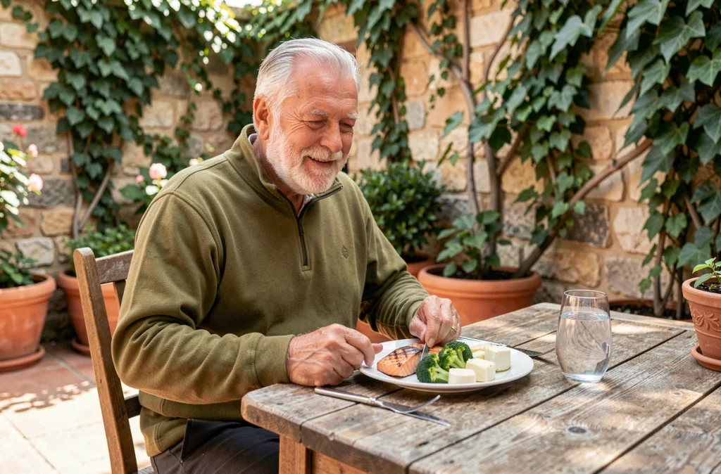 Homme senior de 72 ans mangeant un repas riche en nutriments essentiels pour les os sur une terrasse méditerranéenne ensoleillée