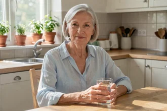 Senior femme aux cheveux argentés tenant un verre d'eau dans une cuisine lumineuse, illustrant l'importance de l'hydratation quotidienne pour les personnes âgées