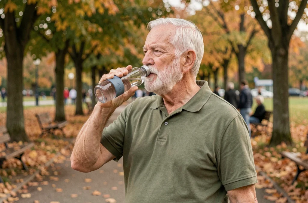 Senior homme âgé buvant à une bouteille d'eau réutilisable lors d'une promenade dans un parc en automne, symbole d'une hydratation active chez les seniors