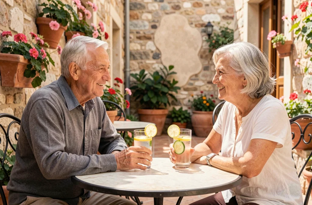 Deux seniors souriants partageant des verres d'eau infusée au citron et concombre sur une terrasse ensoleillée, représentant les bienfaits de l'hydratation et du lien social chez les personnes âgées