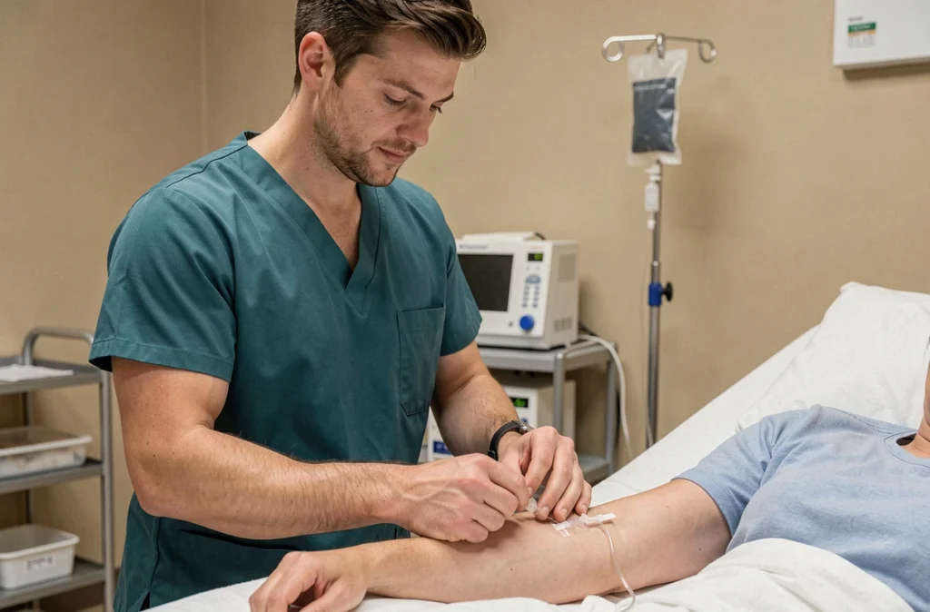 Infirmier préparant l'injection de produit de contraste pour un scanner abdominal après chirurgie digestive