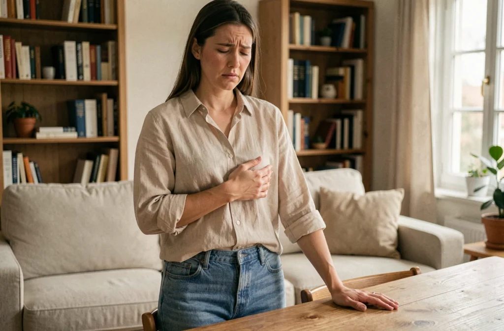 Jeune femme debout dans un salon se tenant le côté droit sous les côtes avec une expression de douleur