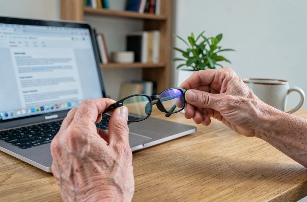 Mains d'une personne âgée posant des lunettes anti-lumière bleue sur un bureau pour protéger sa vue face aux écrans