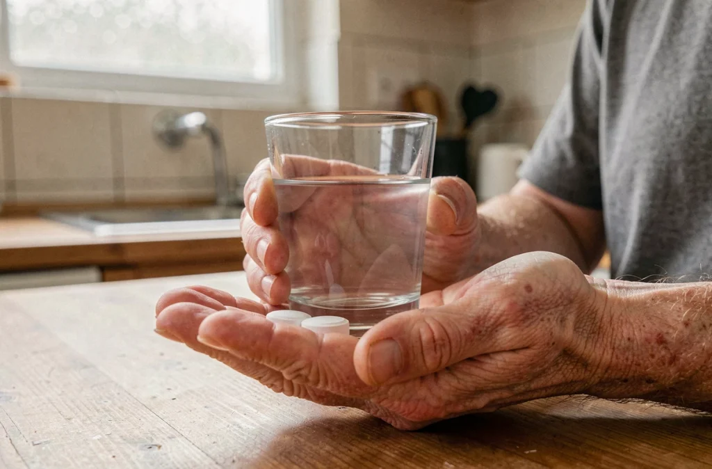 Mains tenant un verre d'eau et des comprimés, symbolisant les conséquences du stress chronique sur le système immunitaire et la santé globale