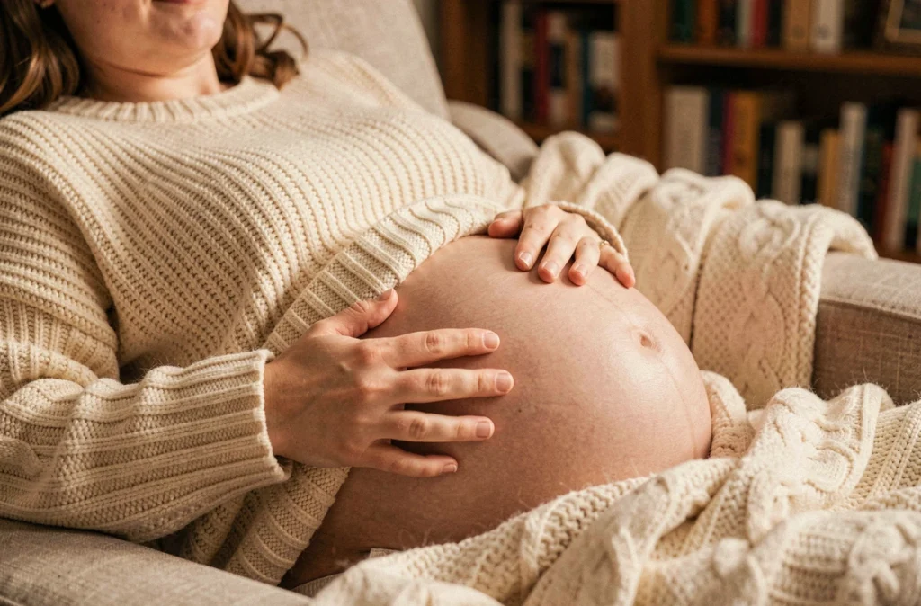Gros plan des mains d'une femme enceinte posées sur son ventre arrondi, symbolisant la connexion entre repos maternel et développement du fœtus