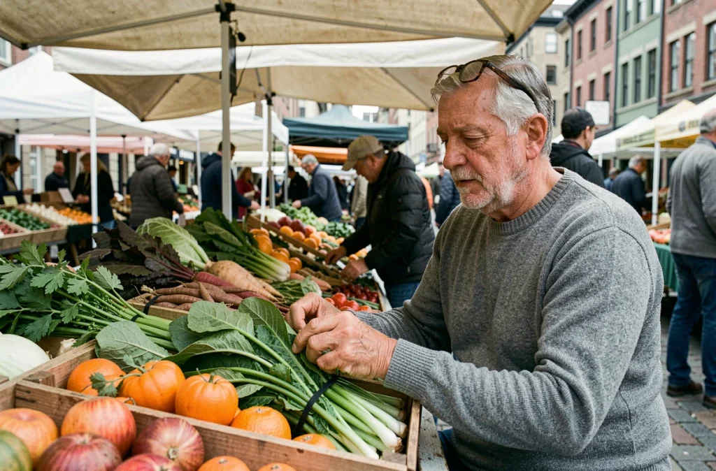 Homme senior choisissant des légumes frais et légumineuses au marché pour une alimentation adaptée au diabète de type 2