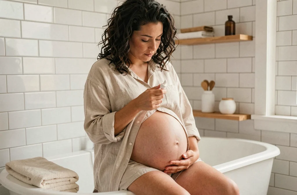 Femme enceinte réalisant un massage périnéal à domicile dans la salle de bain, geste de soin et de préparation douce à l'accouchement