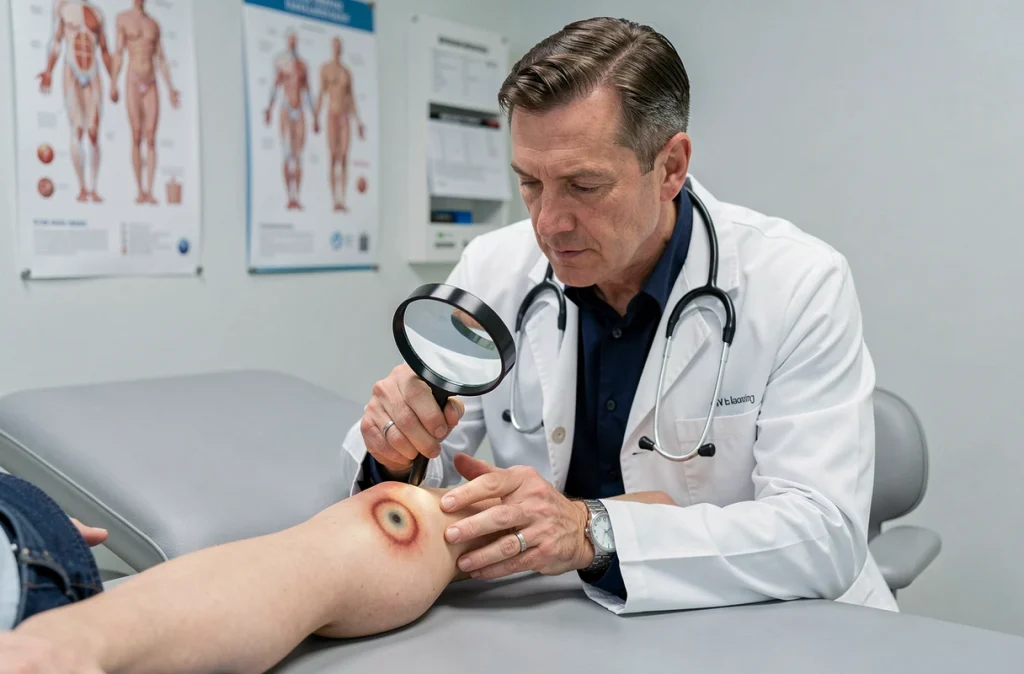 Médecin examinant une éruption en forme de cible sur la jambe d'un patient lors d'une consultation pour la maladie de Lyme