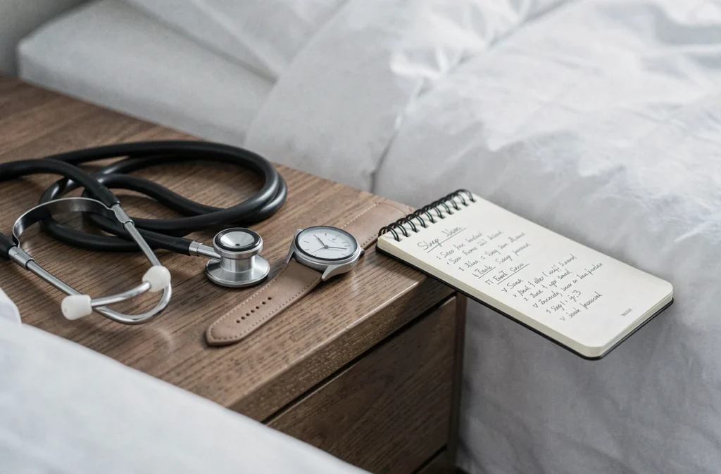 Montre connectée et stéthoscope posés sur une table de chevet, illustrant le suivi du sommeil pour la prévention des maladies cardiovasculaires