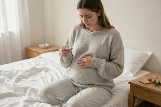 Femme enceinte au premier trimestre assise sur son lit souffrant de nausées matinales avec un verre d'eau et des crackers