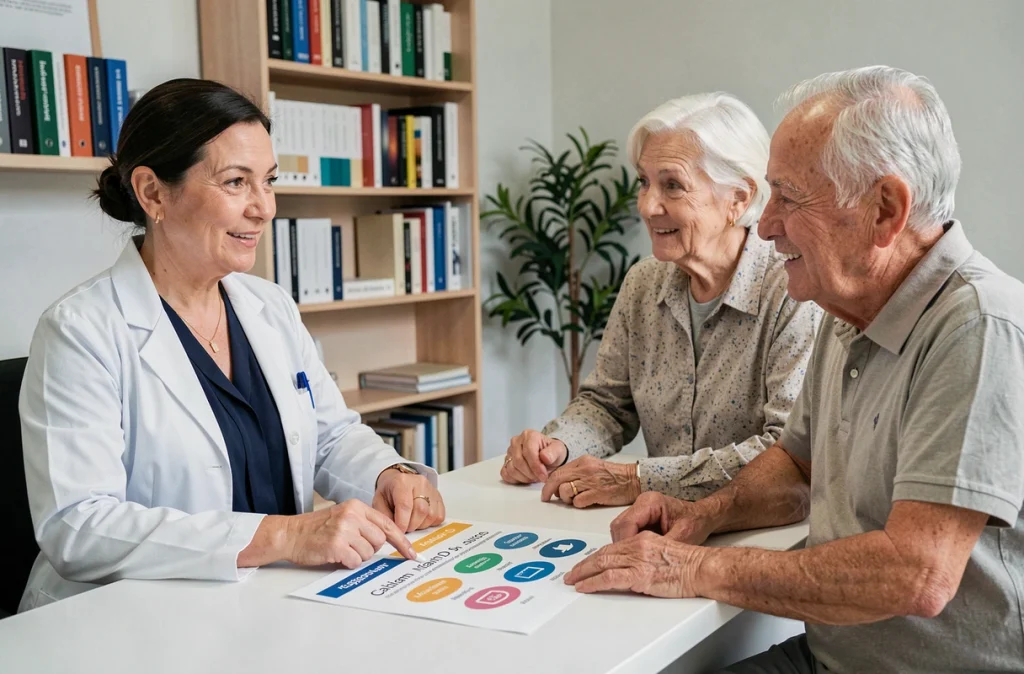 Nutritionniste conseillant un couple de seniors sur l'alimentation et les apports nutritionnels pour la santé osseuse après 60 ans