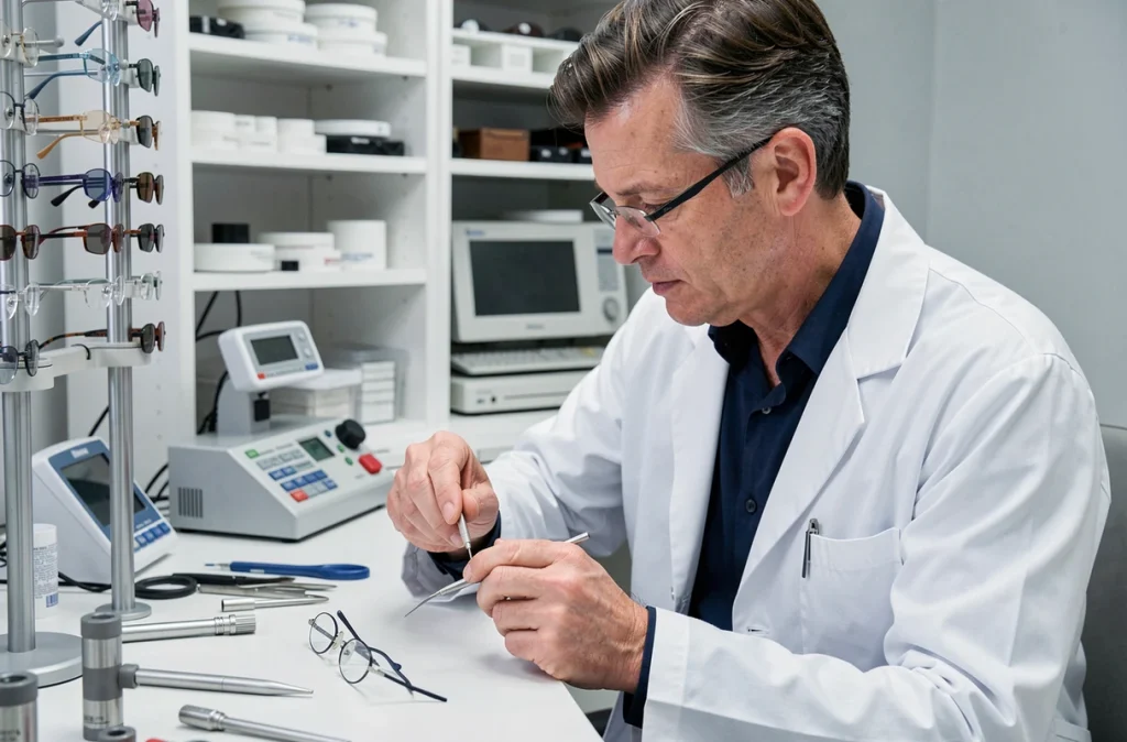 Opticien ajustant des verres progressifs sur une monture dans un atelier optique professionnel