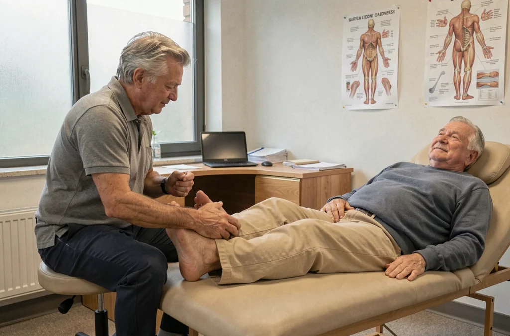 Ostéopathe examinant le pied d'un patient âgé allongé sur une table de traitement dans un cabinet lumineux