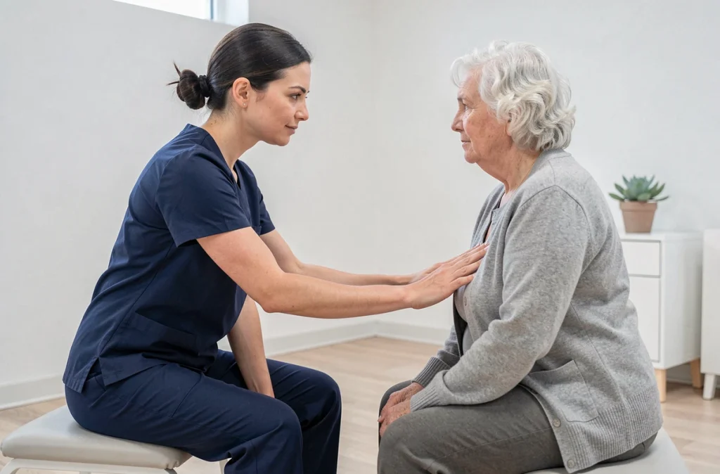 Ostéopathe guidant une femme senior dans un exercice d'étirement doux en cabinet de rééducation