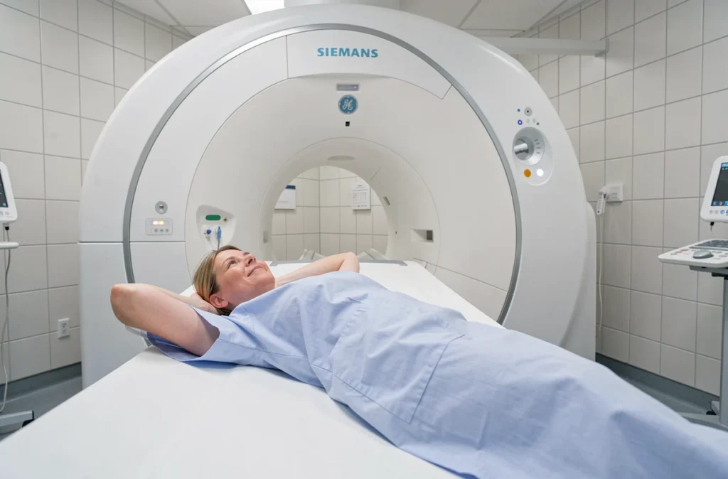 Patiente allongée sur la table d'un scanner abdominal en salle d'imagerie médicale hospitalière