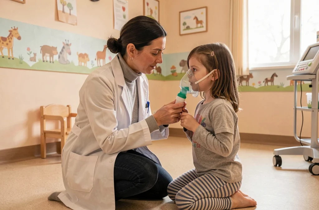 Pneumologue pédiatrique guidant une fillette dans l'utilisation d'un inhalateur avec chambre d'inhalation à l'hôpital