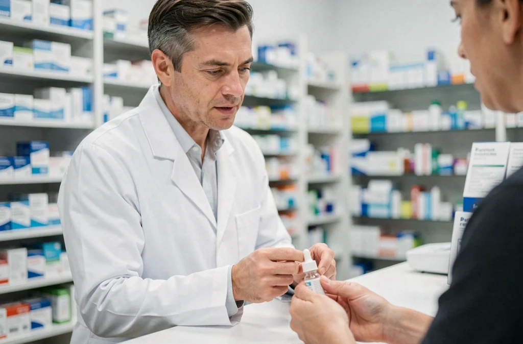 Pharmacien expliquant la posologie de gouttes médicamenteuses à un patient au comptoir d'une pharmacie