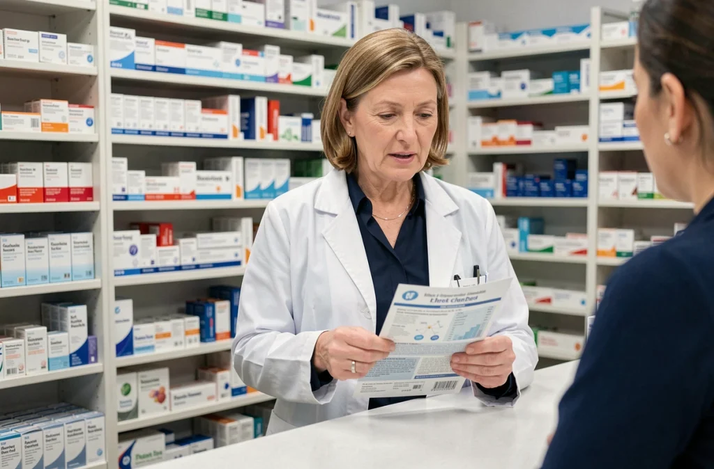 Pharmacienne expliquant la différence entre grippe et rhume à un patient dans une pharmacie