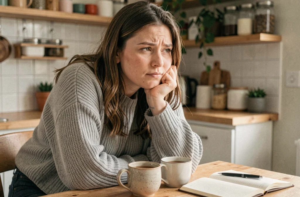 Femme enceinte au premier trimestre fatiguée assise à la cuisine avec une tasse de tisane et un journal intime