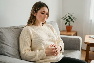 Jeune femme enceinte assise sur un canapé gris, les mains posées sur le ventre, exprimant les premiers signes de grossesse dans un intérieur scandinave chaleureux