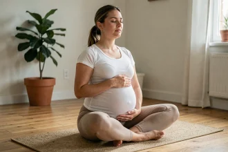 Femme enceinte pratiquant des exercices de respiration pour la préparation du périnée avant l'accouchement, assise en tailleur sur un tapis de yoga dans un salon chaleureux