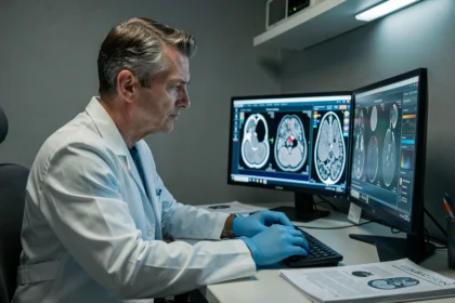 Radiologue analysant des images de scanner abdominal avec injection sur un poste de lecture numérique en milieu hospitalier