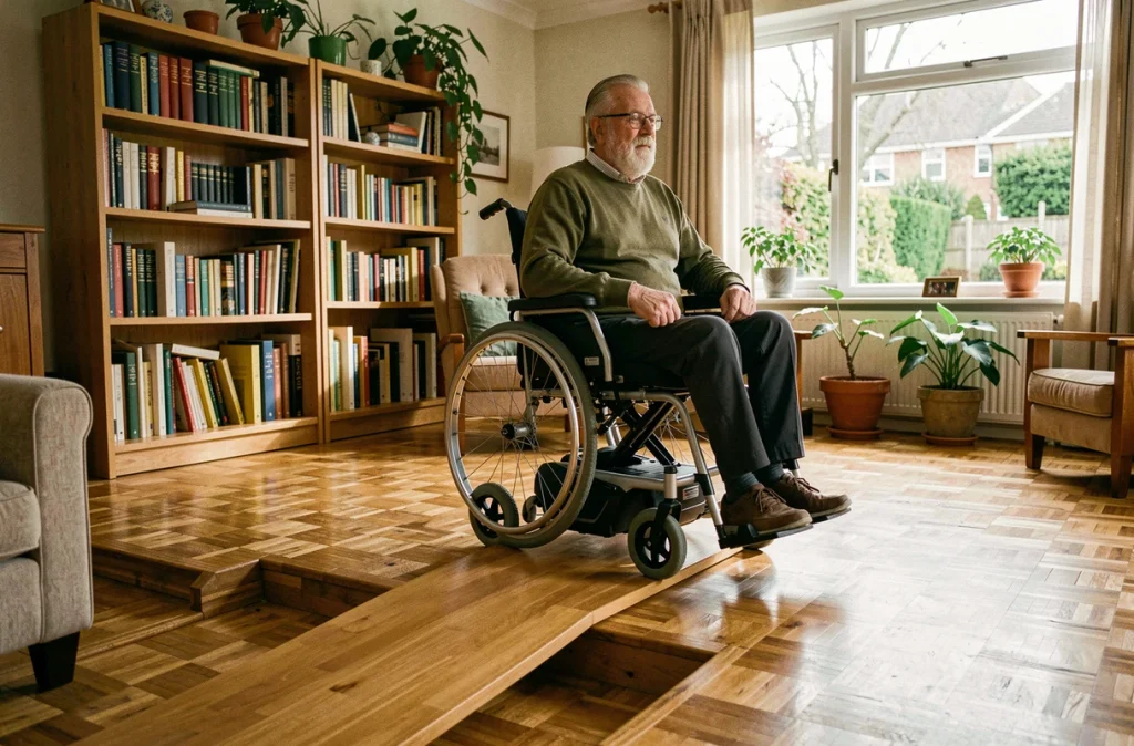 Homme âgé en fauteuil roulant naviguant sur une rampe d'accès intégrée dans un salon aménagé pour faciliter son autonomie
