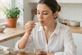Femme appliquant un remède naturel au miel sur un aphte buccal dans une cuisine moderne