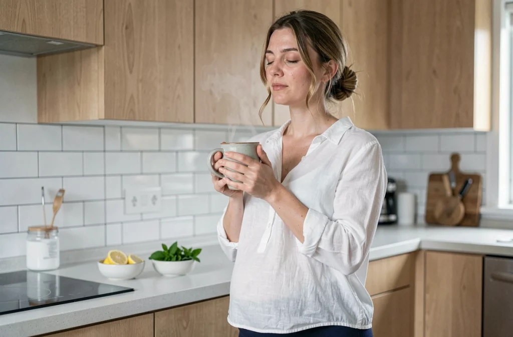 Femme enceinte debout dans la cuisine tenant une tasse de thé au gingembre pour soulager les nausées du premier trimestre