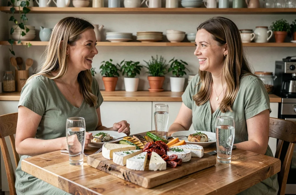 Deux amies dont une femme enceinte partageant un repas avec des alternatives gourmandes à la mozzarella di bufala