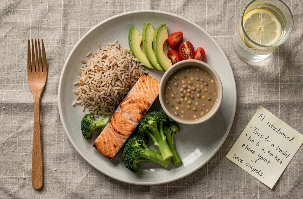 Vue aérienne d'un repas équilibré pour diabétique comprenant saumon, riz complet, légumes verts et avocat sur fond de lin