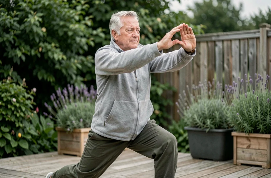 Retraité pratiquant des exercices d'étirement pour soulager les douleurs articulaires dans son jardin