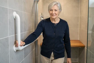 Femme âgée utilisant une barre d'appui dans une salle de bain adaptée pour maintenir son autonomie à domicile