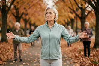 Une femme âgée pratiquant le tai chi en douceur dans un parc automnal pour prévenir les chutes