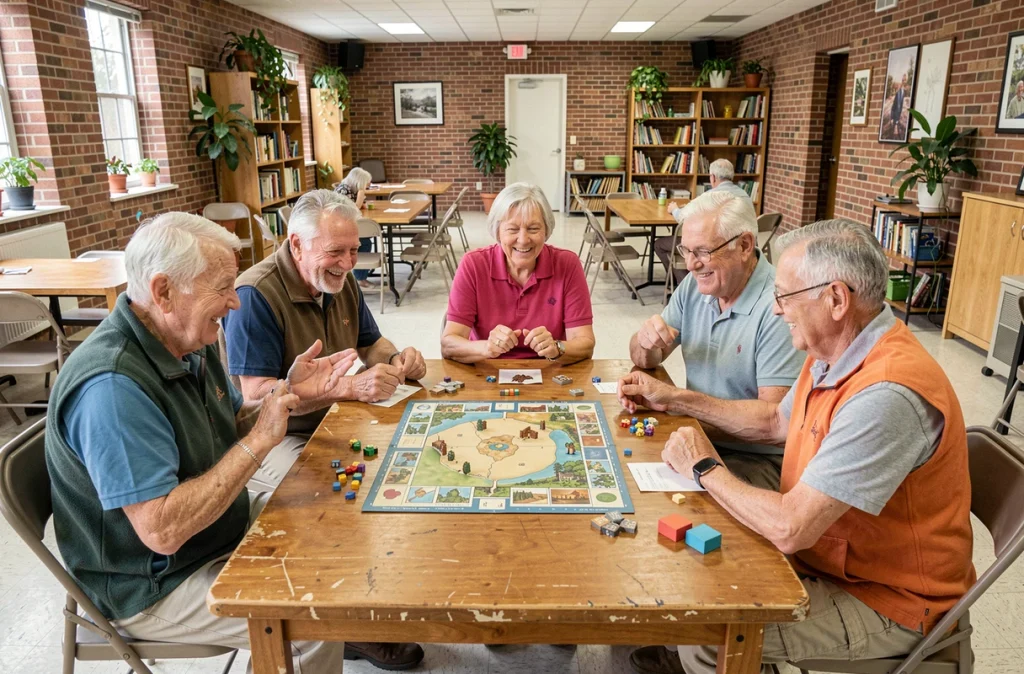 Groupe de personnes âgées jouant à un jeu de société dans un centre communautaire, illustrant l'importance des activités sociales pour la santé mentale des seniors