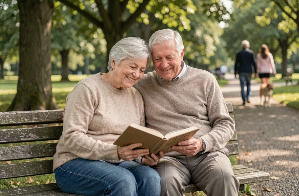 Couple de seniors partageant un livre sur un banc de parc, représentant la complicité et le bien-être psychologique lié aux relations sociales