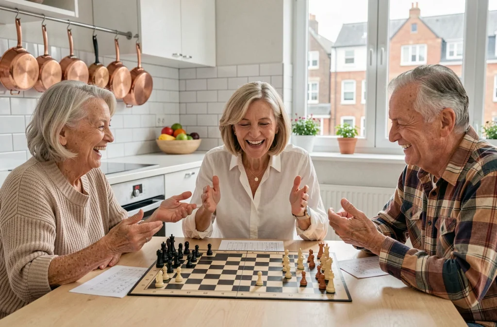 Groupe de seniors jouant aux échecs autour d'une table de cuisine moderne, illustrant les bienfaits de la stimulation cognitive sociale sur le vieillissement cérébral après la retraite