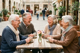 Groupe de seniors réunis en terrasse de café, riant et discutant autour d'un café, illustrant le lien social et le bien-être des personnes âgées