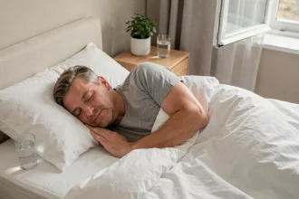 Homme d'âge mûr dormant paisiblement dans une chambre moderne, illustrant l'importance du sommeil pour la santé cardiovasculaire