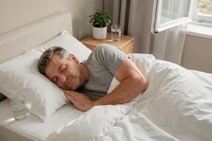 Homme d'âge mûr dormant paisiblement dans une chambre moderne, illustrant l'importance du sommeil pour la santé cardiovasculaire