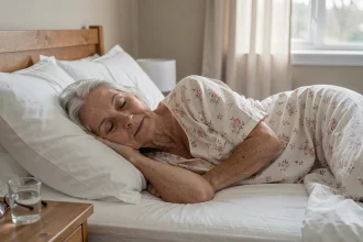 Femme senior dormant paisiblement dans un lit aux draps blancs, illustrant l'importance du sommeil réparateur pour la mémoire des personnes âgées